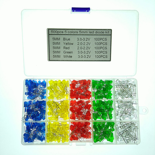 500Pcs LED Diode Lights 5 Colors 5mm Light Emitting Diodes LED Assortment Kit Diffused Round Light Bulbs
