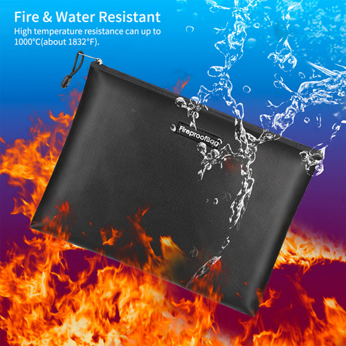 Fireproof Document Bag Silicone Coated Fiberglass Fireproof and Waterproof Money Bag with Zipper Closure Safe Storage Pouch for A4 File Cash Cards Jewelry Passport and Valuables