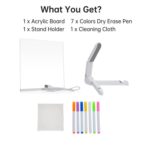 Acrylic Dry Erase Board with Light 15x15cm Writing Board for Desktop Note Memo Whiteboard Notepad Reusable LED Letter Massage Boards for Personal Creative Use with 7 Colors Pen for Office School Home Restaurant Coffee Shop