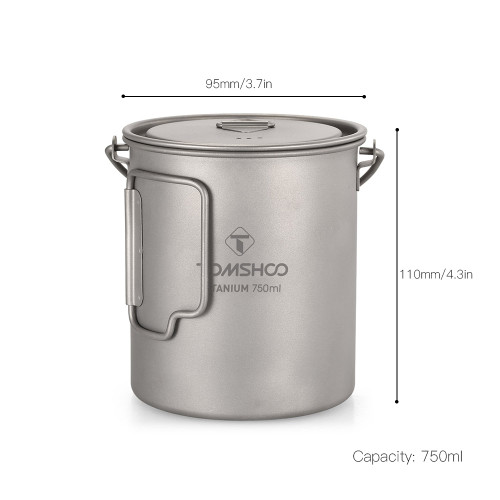 TOMSHOO Ultralight 750ml Titanium Pot Portable Titanium Water Mug Cup with Lid and Foldable Handle Outdoor Camping Cooking Picnic