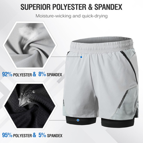 2-In-1 Men Running Shorts with Zipper Pockets Quick Dry Exercise Shorts for Training Gym Workout