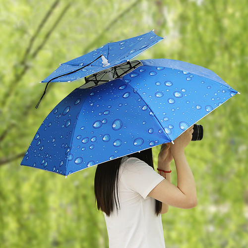 Double Layer Umbrella Hat Women Men Folding Sun Rain Cap with Adjustable Head Band for Fishing Camping Hiking