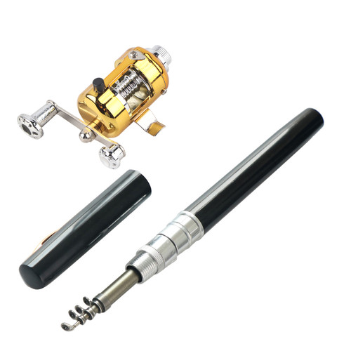 Mini Portable Telescopic Pocket Pen Shape Fishing Rod Pole & Fishing Reel(black)
