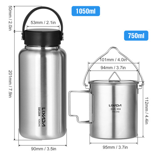 LIXADA 1050ml Stainless Steel Water Bottle Leak Proof Sports Bottle with 750ml Hanging Pot for Outdoor Camping Hiking