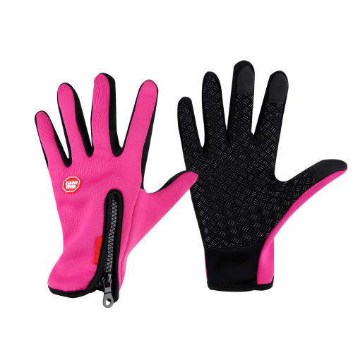 Outdoor Sport Cycling Gloves Full Finger Heavy Fleece Touch Screen Windproof (Rose Red L)