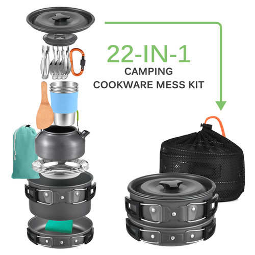 TOMSHOO 21pcs Camping Cookware Mess Kit Camping Pot and Pan Cooking Set Outdoor Camping Hiking Backpacking Survival Gear