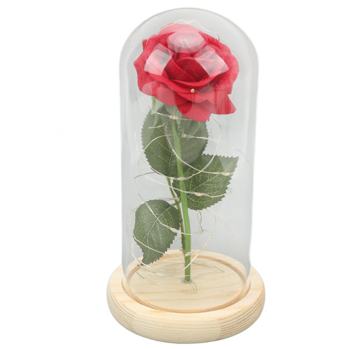 Rose in Glass Dome Lucky Beautiful Symbolism Romantic Enchanted Rose Romantic Gifts with LED Light for Valentine 's Day Green Leaf Safflower