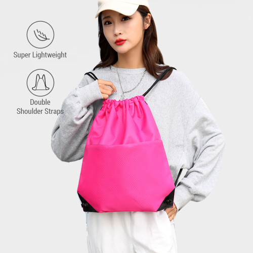 Drawstring Backpack Bag Waterproof Oxford Cloth Draw String Back Sack with Zip Pocket for Sports Traveling Outdoor