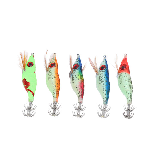 5PCS Fake Wood Shrimp Bait Fishing Wobbler Squid Jig Artificial Lures with Luminous Hook
