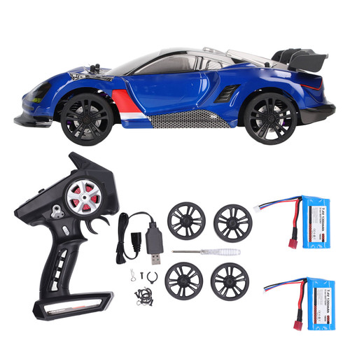 1/16 Electric 4WD Drive Flat Running Drift Car 2.4Ghz High Speed RC Racing Car for Kids Over 14 Years Old Blue 2pcs Battery