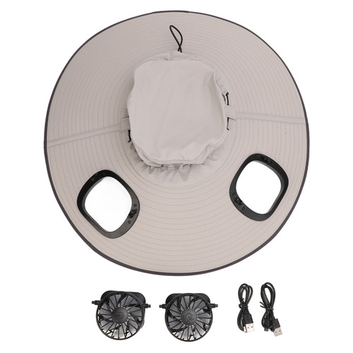 Sun Hat Wide Brim Breathable Sun Proof Fisherman Hat with 2 Solar Fans 3 Speed Adjustable Windproof Belt for Men Light Gray