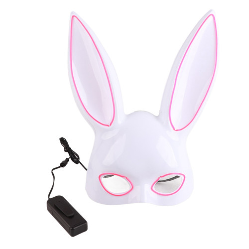 Rabbit Masquerade Mask Cute Plastic White with EL Cold Light Half Face Rabbit Mask for Night Club with Pink Light
