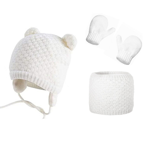 3Pcs Baby Winter Beanie Hat Scarf Gloves Set Knitted Hat Thick Soft Warm Hat for 0-2 Years Old Kids Boys Girls