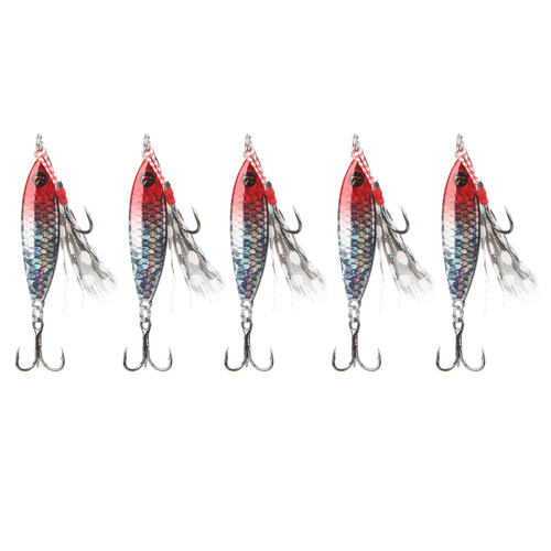 5Pcs Artificial Fishing Lure Lifelike Fishing Bait with Treble Hook for Saltwater Freshwater Red Head Silver Body