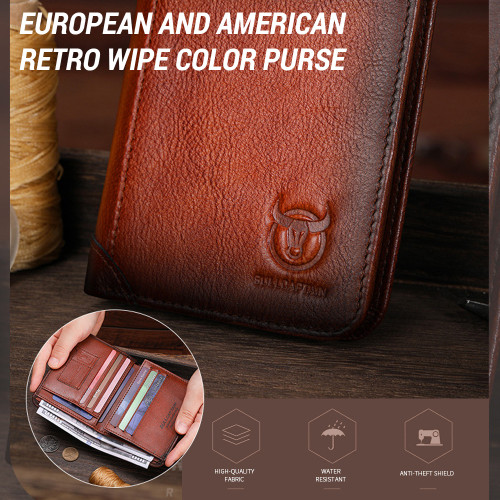 Men Large Capacity Genuine Leather Bifold Wallet RFID Blocking Vintage Credit Card Holder