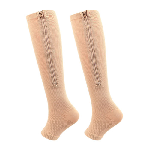 1 Pair Zipper Compression Socks Nylon Material Soft Comfortable Breathable Elastic Open Toe Compression Stockings for Daily Fleshcolor S/M