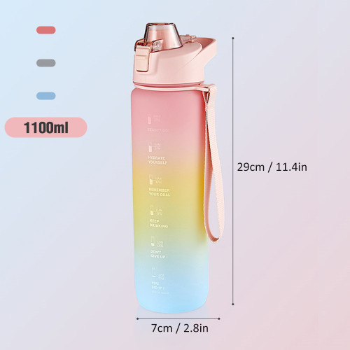 1100ml Sports Water Bottle with Time Marker BPA Free & Leak proof Portable Reusable Drinking Kettle  Fitness Sport Water Jug for Men Women Kids Student to Camping Office School Gym Workout