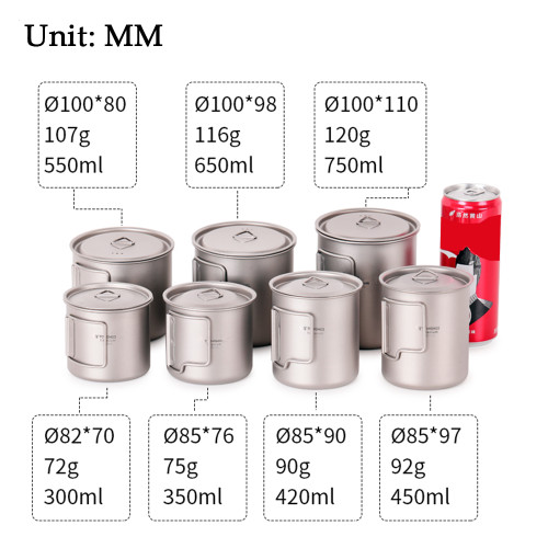 TOMSHOO Ultralight Titanium Cup Outdoor Portable 2PCS Cup Set 420ml 650ml Camping Picnic Water Cup Mug with Foldable Handle