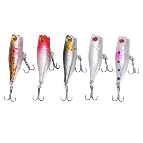 5pcs 4.5cm/3.5g Fishing Lures Bass Hard Baits Topwater Poppers Lures 3D Eyes Lifelike Swimbaits for Freshwater Saltwater