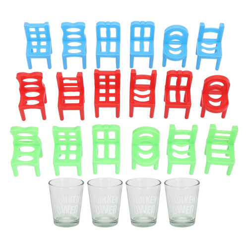 18 Plastic Chairs 4 Glass Cups Set Tumbling Drinking Game for Party Travel Promotions