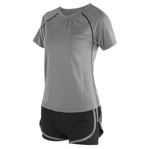 Womens Summer Casual 2 Piece Short Sleeve Outfits Sets Workout Fitness Clothes Suit(Grey Short Sleeve Black Grey High Waist Shorts XL)