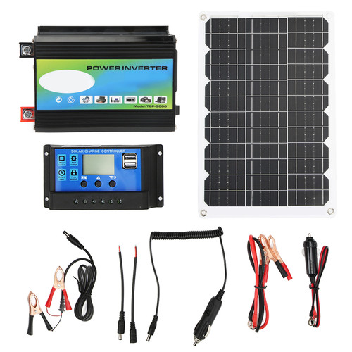 Portable Solar Power Kit Inverter with Dual USB 30A 12V 24V Solar Charge Controller 18W 18V Solar Panel Black 12V to 220V