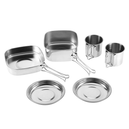 6Pcs Portable Stainless Steel Cookware Set Camping Picnic Outdoor Pan Pot Plate Cup