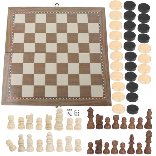 3 in 1 MultiFunctional Folding Wooden Chess Checkers Board Game Portable Draughts Set