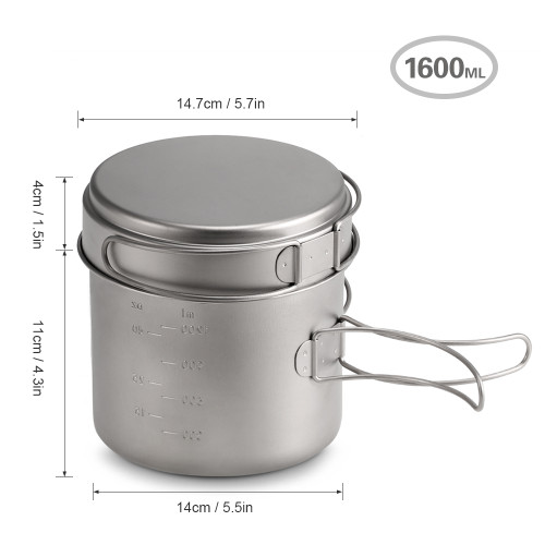 1100ML / 1600ML Titanium Pot Pan Set Super Lightweight Camping Cookware Set Portable Cooking Tool with Folding Handle