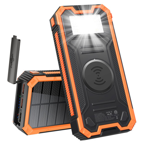 Wireless Solar Power Bank 30000mAh Waterproof Solar Charger DP Fast Charging with LED Flashlights External Battery Pack for Outdoor Camping