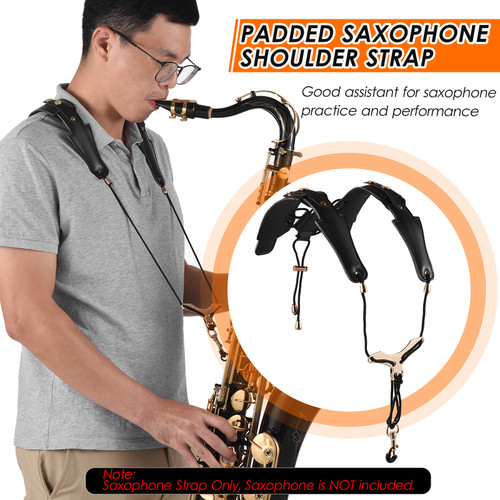 Adjustable Saxophone Strap Saxophone Harness Strap Padded Saxophone Shoulder Strap Leather Sax Strap Metal Hook for Tenor/ Soprano/ Alto Saxophones Clarinet