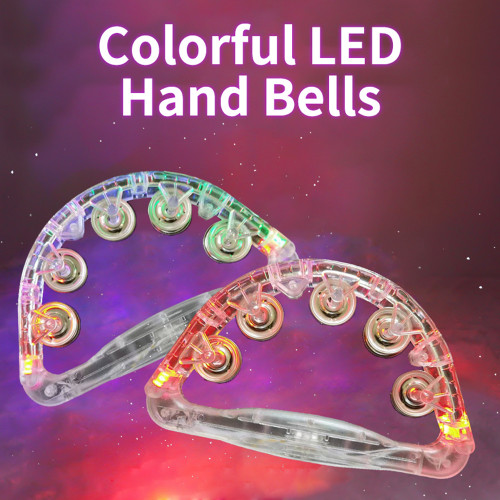 Colorful LED Hand Bells Double Row Handheld Tambourine Metal Jingles with 3 Lighting Modes Switchable Hand Held Plastic Musical Percussion Drum Half Moon Hand Bell for Adults Kids KTV Party Bar