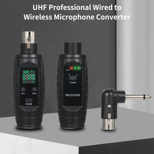 UHF Professional Wired to Wireless Microphone Converter Micphone Transmitter & Receiver 571~598MHz Receiving Transmission Compatible with Dynamic/Condenser Microphone with 48V Phantom Power 50~80M Range