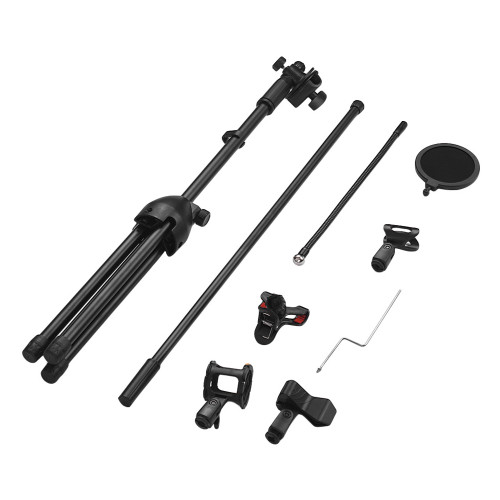 Metal Microphone Floor Stand Tripod Adjustable Height with Boom Arm 3 Mic Holders & 1 Smartphone Holder for Studio Outdoor Cellphone Live Streaming