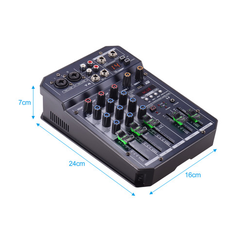 T4 Portable 4-Channel Sound Card Mixing Console Audio Mixer Built-in 16 DSP 48V Phantom power Supports BT Connection MP3 Player Recording Function 5V power Supply for DJ Network Live Broadcast Karaoke