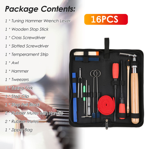 16pcs Piano Tuning Kit Professional Tuning Tools Set Tuning Wrench Long Handle Tuning Wrench Rubber Mutes Screwdriver Tweezers Hammer Temperament Felt Strip Fork for Piano Tuner with Bag