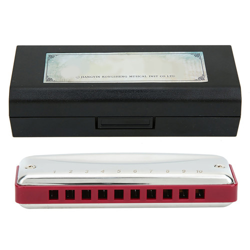 Blues Harmonica 10‑Hole Mouthorgan #F Key Portable High Gloss Stainless Steel Cover Waterproof(Red )