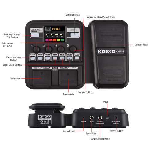 Kokko Guitar Multi Effects Pedal with 10-59 Presets 6 Drum Machines and Looper 40 Different Rhythms for Home Practice Live Streaming Connect Computer Earphones Speakers Mobile Phones Multi Effects Guitar Pedal