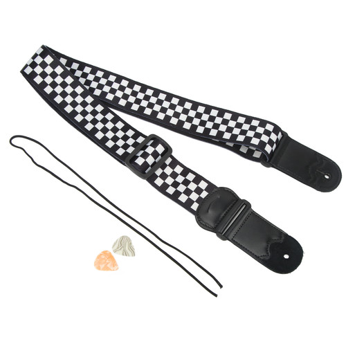 Guitar Strap Black and White Plaid Adjustable Strap with Picks Pocket for Electric Wooden Guitar Bass