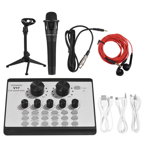 V17 Live Sound Card & Microphone Kit BT Mini Sound Mixer Multifunctional Voice Change Audio Mixer Microphone Set with Tripod for Phone Computer Live Streaming Game Music Recording Karaoke Singing Broadcasting