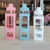 Straw Water Bottle with Marker 700ml Large Capacity Double Layer Water Jug for Home Gym School Pink