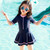 Girls Skirted One Piece Swimsuit Zip Up Girls Swim Coverups Beach Bathing Suit for Swimming Pool Navy Blue Short Sleeves 4XL(135‑145cm)