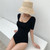 Short Sleeve One Piece Swimsuit Woman Backless Push Up Swimwear for Swimming Hot Spring Beach Black XL