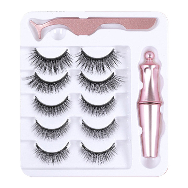 5 Pair Magnetic 3D False Eyelashes with Eyeliner Curler Fake Eyelash Curler Eyeliner Set for Home