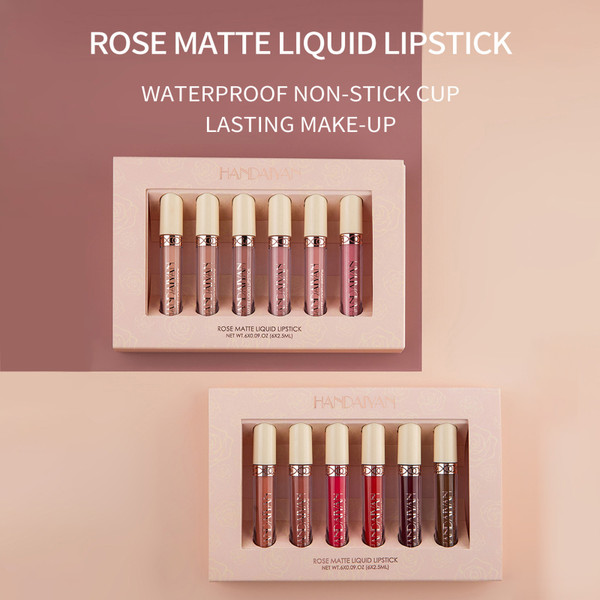 HANDAIYAN 6Pcs Rose Matte Liquid Lipstick Set Waterproof Non-stick Long-lasting Lip Gloss Lip Makeup