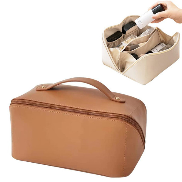 Portable Travel Cosmetic Bag PU Leather Makeup Bag Large Capacity Cosmetic Bag Organizer Toiletry Bags with Handle and Divider
