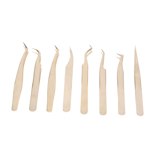 8PCS Eyelash Extension Tweezers Set Stainless Steel Straight Curved Tip Tweezers for Beauty Eyelash Tools Pearly Gold