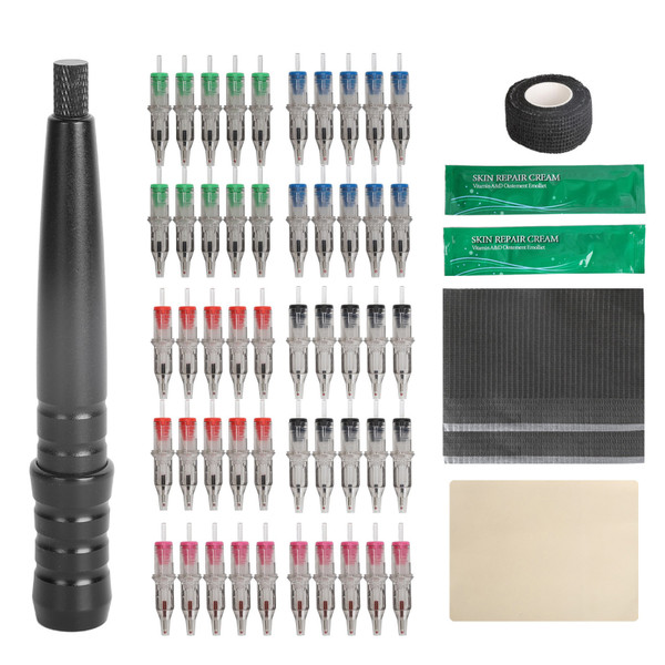 Tattoo Pen Kit Aluminum Alloy Tattoo Stick Pen and 50 Ballpoint Cartridges with Practice Skin Repair Strip Table Cloth