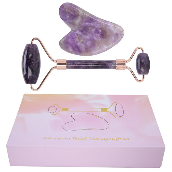 Portable Face Roller Massager Facial Beauty Roller Heart Shaped Gua Sha Board Set(Amethyst Roller HeartShaped Gua Sha Board )