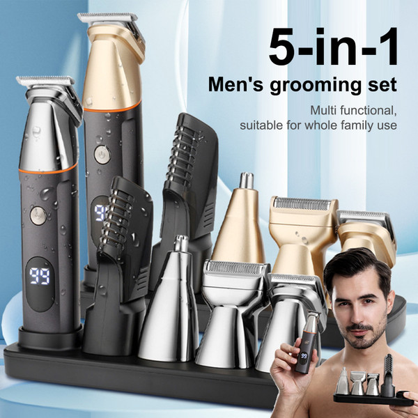 5-IN-1 Men's Hair Clipper Set Beard Shaver Electric Body Hair Trimmer Nose Trimmer Haircut Kit Fully Washable USB Rechargeable with Charging Base